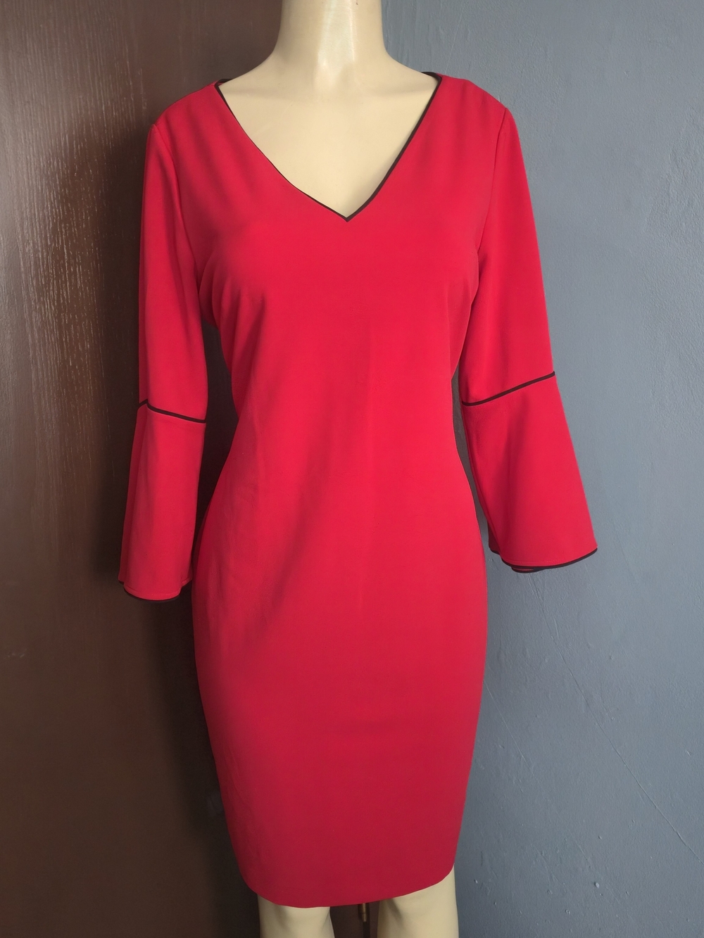 Calvin Klein Bright Red V-Neck Sheath Dress with Flared Sleeves